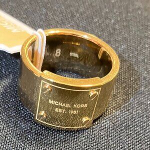 MICHAEL KORS Logo Stainless Steel Gold Wide Ring MKJX26577108  Size 8 + MK BOX